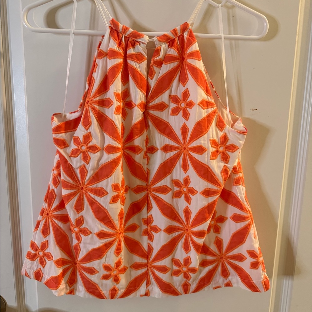 Skies Are Blue White Tank Top with Orange Floral Embroidery